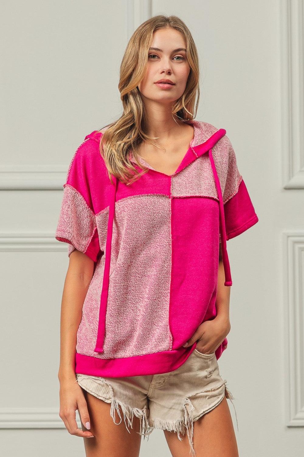 BiBi Color Block Exposed Seam Short Sleeve Hooded Top Carauana Store