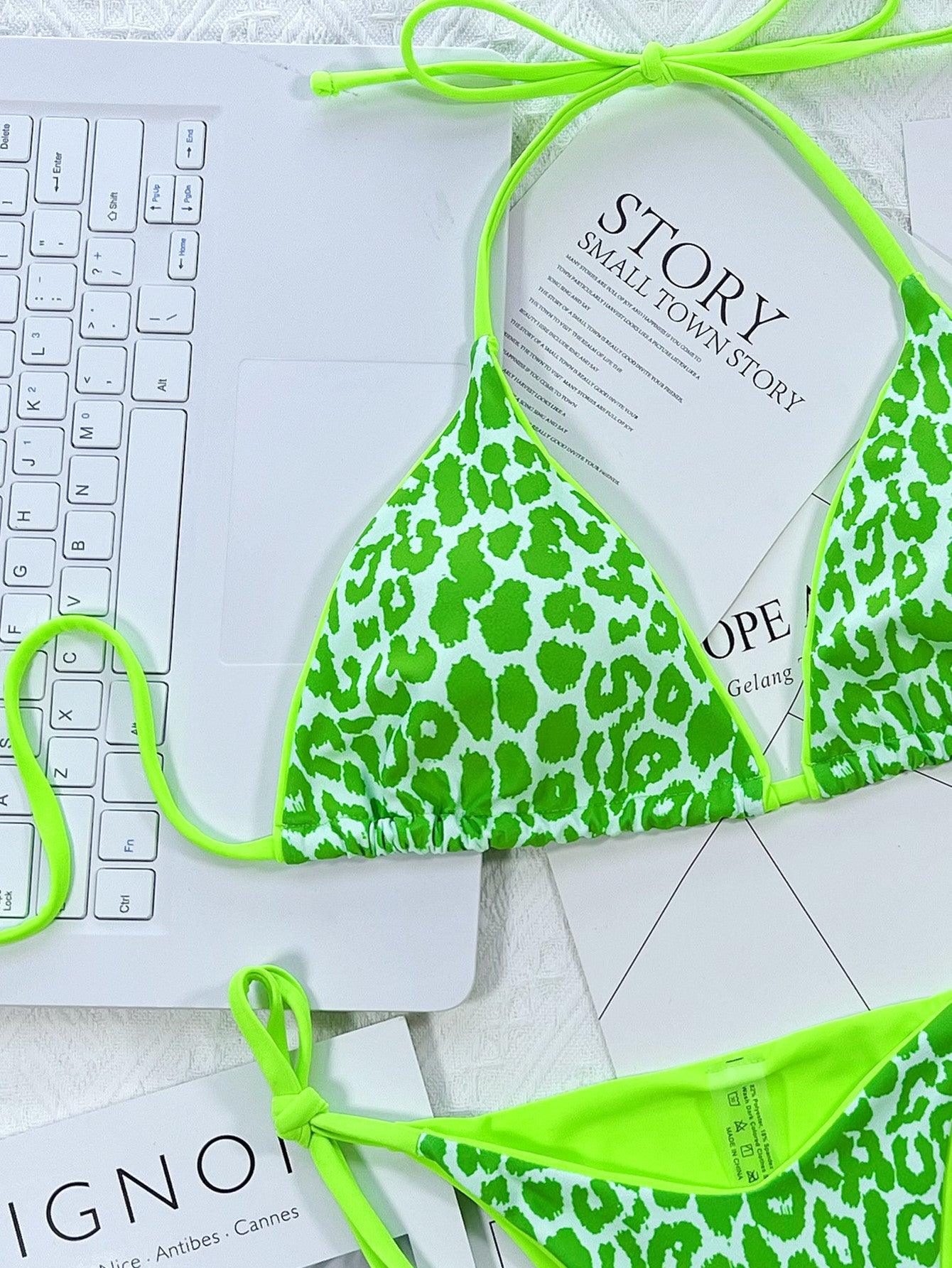 Leopard Print Halter Neck Tie Side Bikini Set Carauana Store