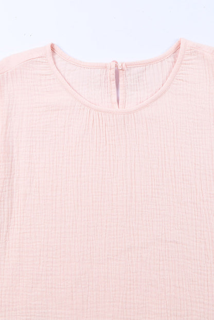 Pink Textured Tiered Ruffled Short Sleeve Blouse