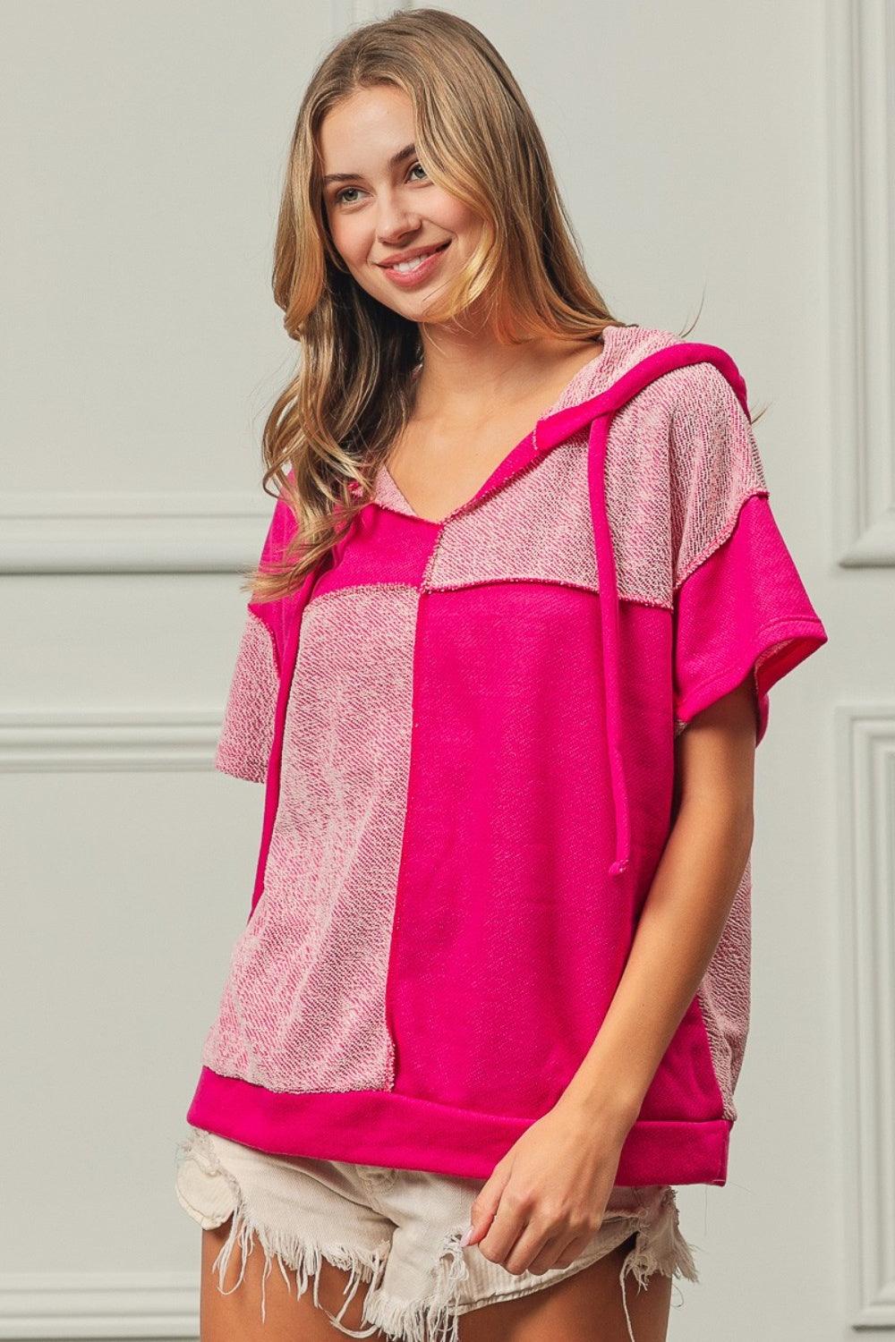 BiBi Color Block Exposed Seam Short Sleeve Hooded Top Carauana Store