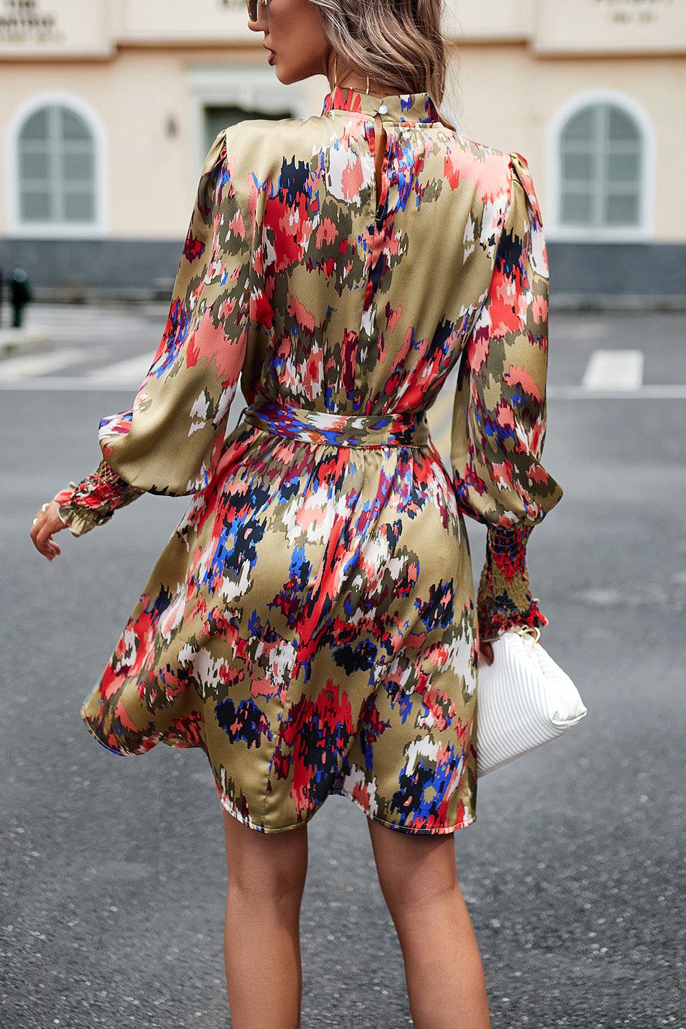 Printed Tie Waist Mock Neck Lantern Sleeve Dress Carauana Store