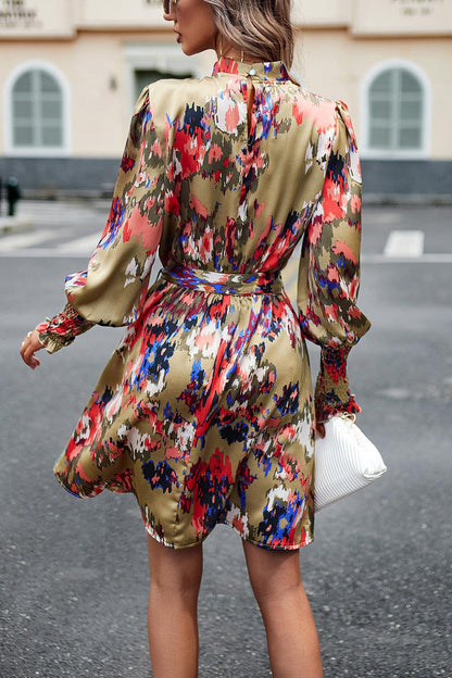 Printed Tie Waist Mock Neck Lantern Sleeve Dress Carauana Store