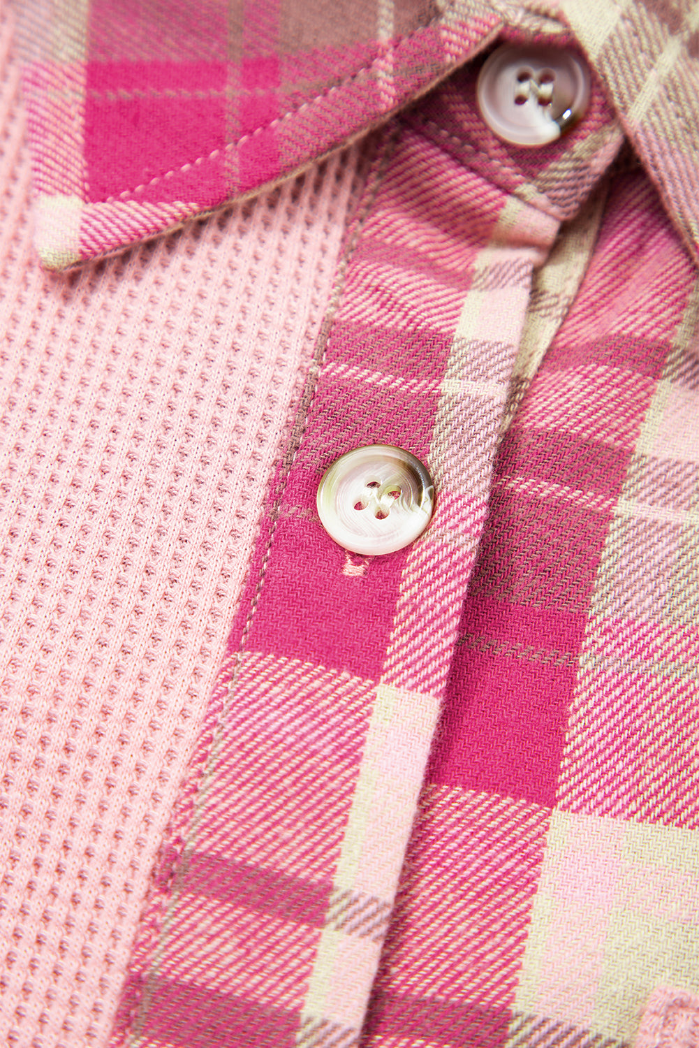 Pink Waffle Patch Pocket Plaid Patchwork Plus Size Shirt