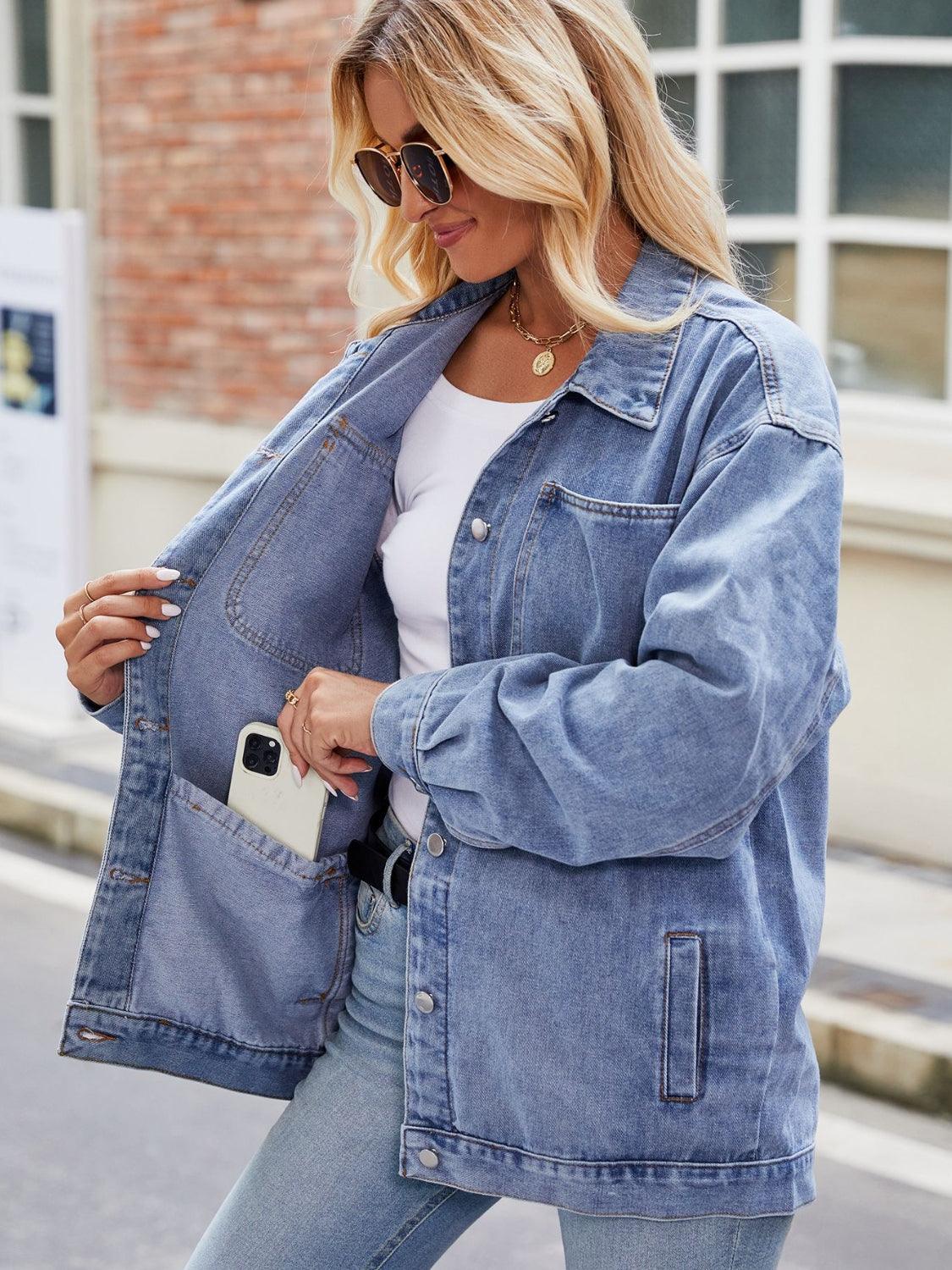 Button Up Denim Jacket with Pockets Carauana Store