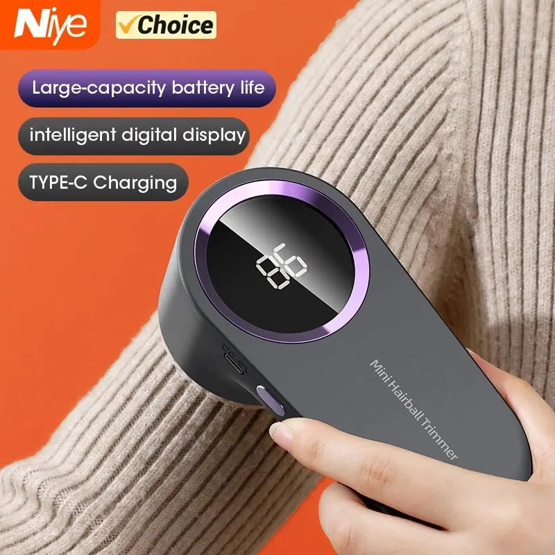 Hand holding a gray and purple hairball trimmer with Niyé and Choice branding on an orange background.
